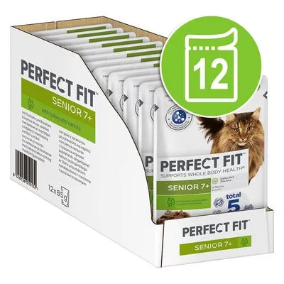 Perfect Fit Senior 7+ kattenvoer, verpakking met 12 zakjes à 85 g. Op de verpakking staat een afbeelding van een kat en de tekst 'Supports Whole Body Health'.