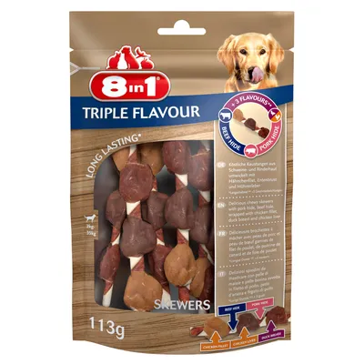 8in1 Triple Flavour Skewers, 113 г. Жевательные палочки из свиной и говяжьей кожи с куриным филе, утиным филе и куриной печенью. Для собак до 35 кг.