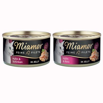 Miamor Feine Filets tonnikala ja vihannekset hyytelössä, 24x100g tölkit, 100 % fileetä. Tuotekuva punaisella pakkauskoon merkinnällä.