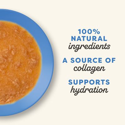 100 % naturliga ingredienser, källa till kollagen, stödjer hydrering. Produktbild på blå tallrik.