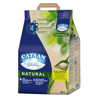 Наполнитель для кошачьего туалета Catsan Natural, 20 л. Надписи: 100% биоразлагаемый, 100% натуральный – из растений, extra absorbent clumping litter.
