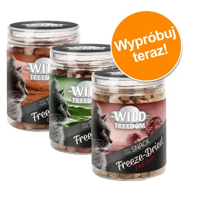 Trzy opakowania Wild Freedom Freeze-Dried Snack dla kotów, widoczny napis: Wypróbuj teraz! oraz Beef Liver na jednym słoiku.