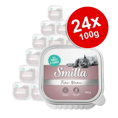 Smilla Fine Menu cat food, with turkey & rabbit, 24 x 100g trays. Contains taurine, grain-free recipe. Image shows product packaging with a grey cat and visible text.