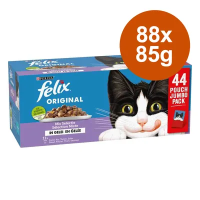 Purina Felix Original Mix Selection în aspic, pachet jumbo 44 plicuri, 88x85g. Sortimente: vită, pui, ton, somon.