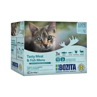 Bozita Tasty Meat & Fish Menu kattenvoer, 12 x 85 g. Smaken: zalm, haring, kip, rendier. 100% dierlijk eiwit, graanvrij. Tekst in het Engels en Duits zichtbaar op verpakking.