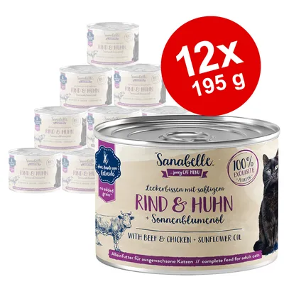Sanabelle Rind & Huhn konzerva pro kočky, 12×195 g, s hovězím, kuřecím a slunečnicovým olejem. Viditelný text: 100 % exquisite Zutaten, no added grain, with beef & chicken + sunflower oil.