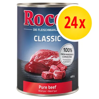 Rocco Classic Pure beef, 24x400g, 100% fresh ingredients & grain-free. Testo visibile: Rind pur, Bœuf pur. Immagine di carne bovina sulla confezione.