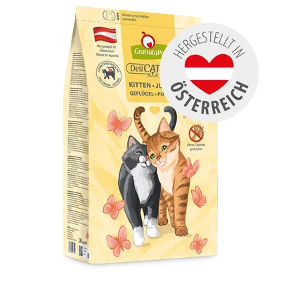 GranataPet DeliCATessen Kitten & Junior Geflügel, hergestellt in Österreich, ohne Getreide, ohne Tierversuche, wiederverschließbar.