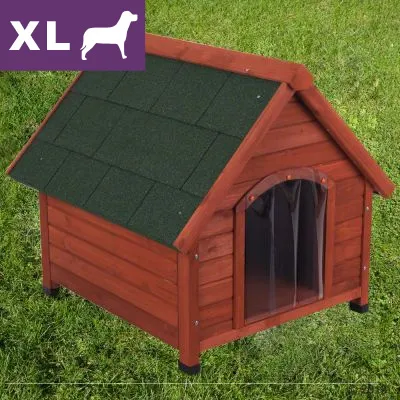 Cuccia per cani in legno con tetto verde, misura XL indicata da icona in alto a sinistra con sagoma di cane e scritta XL.