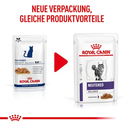 Royal Canin Neutered Balance. Neue Verpackung, gleiche Produktvorteile. Links alte Verpackung mit Katzen-Silhouette, rechts neue Verpackung mit Katzenfoto.