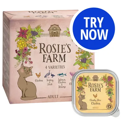 Rosie's Farm adult food multipack with four varieties: chicken, turkey and duck, salmon chicken and shrimp, lamb and chicken. Blue badge reads 'Try Now'.