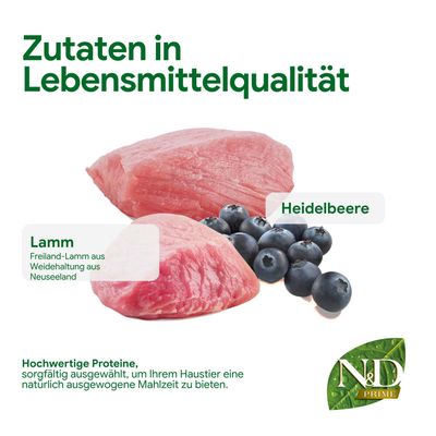 Zutaten in Lebensmittelqualität: Lamm aus Weidehaltung Neuseeland, Heidelbeere. Hochwertige Proteine für eine ausgewogene Mahlzeit. N&D Prime.
