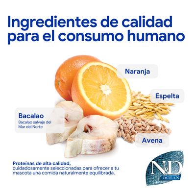 Ingredientes: bacalao, naranja, espelta, avena. Proteínas de alta calidad aptas para el consumo humano, cuidadosamente seleccionadas para una alimentación equilibrada.