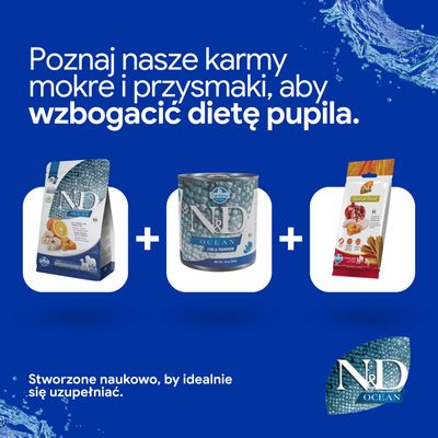 Trzy produkty N&D Ocean: karma sucha, karma mokra i przysmaki dentystyczne. Tekst: „Poznaj nasze karmy mokre i przysmaki, aby wzbogacić dietę pupila.”