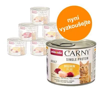 Konzerva animonda Carny Single Protein Adult Huhn Pur, obrázek kočky, nápis nyní vyzkoušejte na oranžovém kruhu, více konzerv v pozadí.