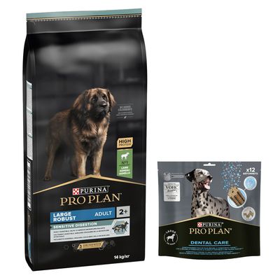 PURINA PRO PLAN 12 / 14 kg + friandises Dental Care 345 g ou 426 g offertes ! Large Adult Robust Sensitive Digestion agneau, riz (14 kg) + Dental Care pour grand chien (25-40 kg)(426 g)