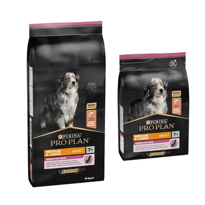 14 + 3 кг подарък! PURINA PRO PLAN, суха храна - Medium/Large Adult 7+ Sensitive Skin OPTIDERMA, 14 кг + Medium/Large Adult 7+ Sensitive Skin OPTIDERMA, 3 кг