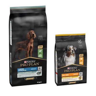 14 + 3 kg gratis! 14kg Purina Pro Plan hrană uscată pentru câini Large Adult Athletic Sensitive Digestion Miel & Orez + All Sizes Adult Light/Sterilised