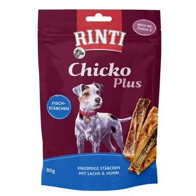 Rinti Chicko Plus ribje palčke, hrustljave palčke z lososom in piščancem, bogate z omega 3, 80 g.