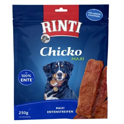 Rinti Chicko Maxi, 250 g, przysmak dla psa z widocznym napisem 'mit 100% Ente', opakowanie z ilustracją psa i paskami mięsnymi. Tekst na opakowaniu w języku niemieckim.