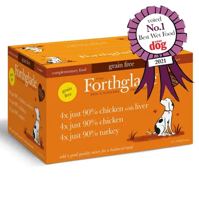 Forthglade grain free, 4x just 90% chicken with liver, 4x just 90% chicken, 4x just 90% turkey. Ruban : voted No.1 Best Wet Food your dog 2021.