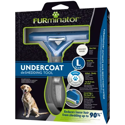 FURminator Undercoat deShedding Tool för stora hundar (23–41 kg) med kort päls. Text: Reduces loose hair from shedding up to 90 %. Använd 10–20 min per vecka.