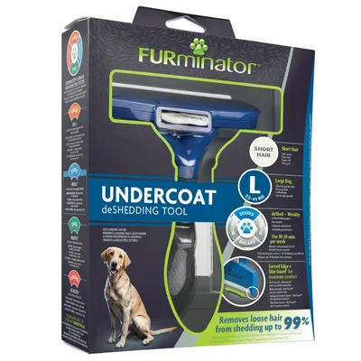 FURminator Undercoat deShedding Tool за кучета с къса козина, размер L (23–41 кг), премахва до 99% от мъртвите косми. Видим текст: Short Hair, Large Dog, Use 10–20 min.