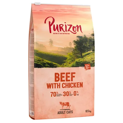 Purizon száraz eledel felnőtt macskáknak, Beef with Chicken íz, 70% hús és állati összetevők, 30% gyümölcs és zöldség, 0% gabona, 6,5 kg csomag.