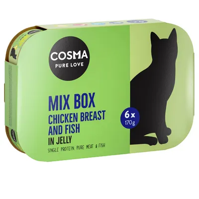 Cosma Pure Love Mix Box, pechuga de pollo y pescado en gelatina, 6 x 170g, proteína única, carne y pescado puros. Cosma Pure Love Mix Box, pechuga de pollo y pescado en gelatina, 6 x 170g, proteína única, carne y pescado puros.