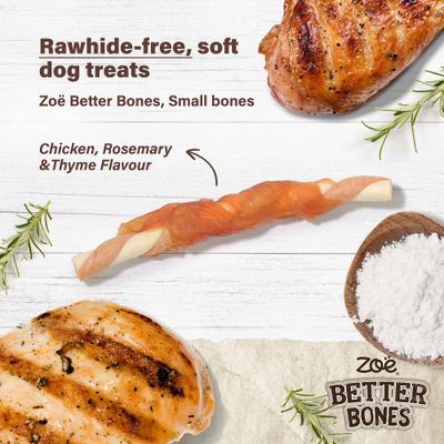Zoë Better Bones, Small bones. Nyersbőrmentes, puha kutyafalatok csirke-, rozmaring- & kakukkfű ízesítéssel.