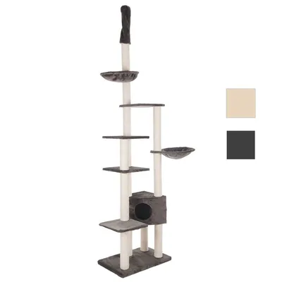 Tiragraffi alto con più piattaforme, due cuccette rotonde e una casetta quadrata alla base; struttura in tessuto e colonne chiare. Due opzioni colore visibili: beige e grigio scuro. Tiragraffi alto con più piattaforme, due cuccette rotonde e una casetta quadrata alla base; struttura in tessuto e colonne chiare. Due opzioni colore visibili: beige e grigio scuro.