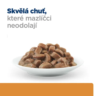 Miska s kúskami mäsového krmiva v omáčke. Text v češtine: Skvělá chuť, které mazlíčci neodolají.
