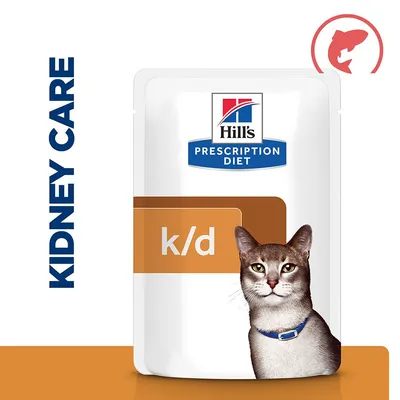 Hill's Prescription Diet k/d pouch with a cat image, labelled for kidney care. Fish icon shown in top right corner.
