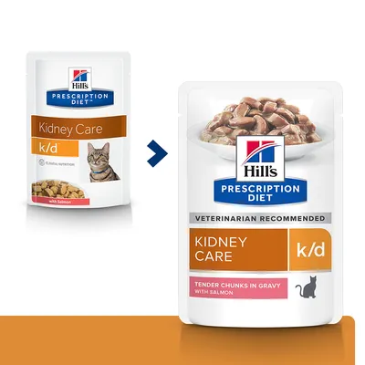 Changement d’emballage : Hill’s Prescription Diet Kidney Care k/d pour chat, avec saumon. Ancien et nouveau sachet montrés côte à côte, texte en anglais sur le nouvel emballage.