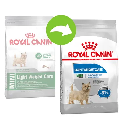 Dva pakiranja Royal Canin Mini Light Weight Care hrane za pse, prikaz promjene dizajna ambalaže. Vidljiv tekst: 'Light Weight Care', 'MINI', '-31% fat'.