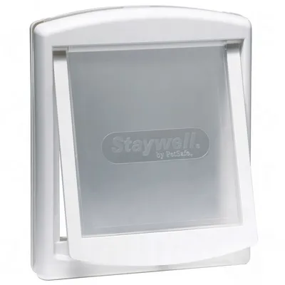 White Staywell by PetSafe pet door with a transparent flap, shown closed. Suitable for installation in doors or walls to allow controlled pet access.