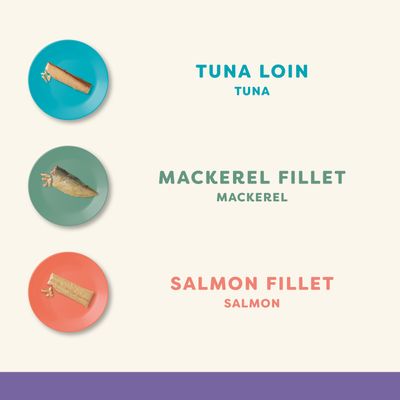 Kolme erilaista kalafilettä lautasilla: Tuna Loin (tonnikala), Mackerel Fillet (makrilli), Salmon Fillet (lohi).