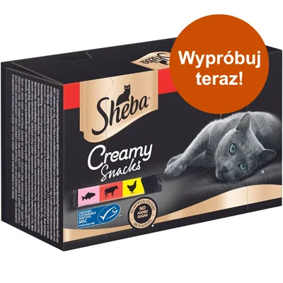 Sheba Creamy Snacks, opakowanie z widocznym napisem 'Wypróbuj teraz!', certyfikat MSC, brak sztucznych barwników i cukru, ilustracje ryby, krowy i kurczaka.