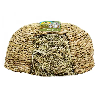 JR Farm gräsigloo stor av flätat naturmaterial, fylld med hö, lämplig som gömställe eller snacks för smådjur.