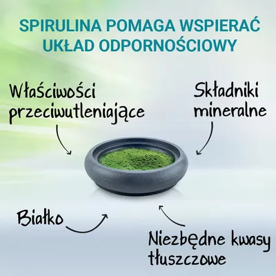 SPIRULINA POMAGA WSPIERAĆ UKŁAD ODPORNOŚCIOWY. Właściwości przeciwutleniające, składniki mineralne, białko, niezbędne kwasy tłuszczowe.