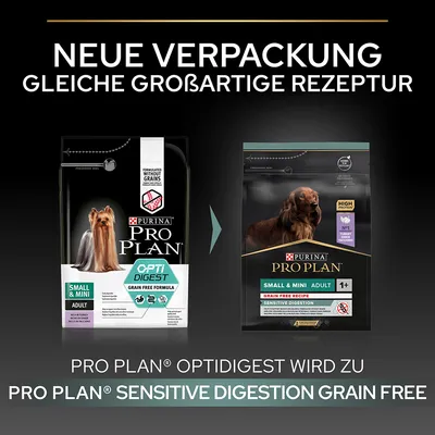 Changement d’emballage : Purina Pro Plan OptiDigest Small & Mini Adult devient Pro Plan Sensitive Digestion Grain Free Small & Mini Adult. Même recette, nouveau design.