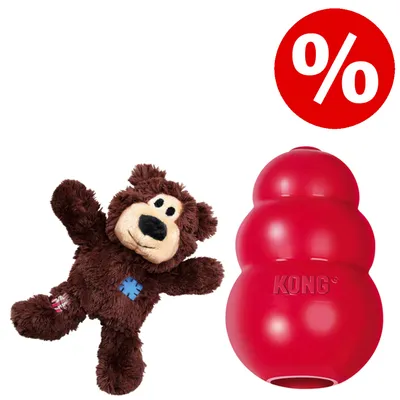 Plüschbär-Spielzeug und rotes KONG-Spielzeug nebeneinander, oben rechts ein rotes Prozentzeichen für Rabattaktion sichtbar.