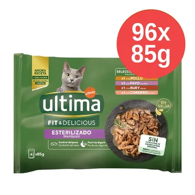 Balení kapsiček pro kočky Ultima Fit & Delicious Sterilizado, 96×85g, příchutě kuře, krůta, hovězí, jehněčí. Text: SIN colorantes ni conservantes añadidos.