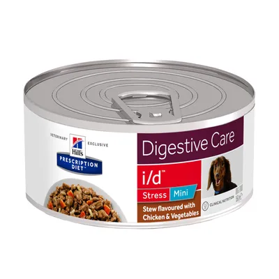 Hill's Prescription Diet Digestive Care i/d Stress Mini. Stew flavoured with Chicken & Vegetables. Dåse med billede af hund og synligt foderindhold.