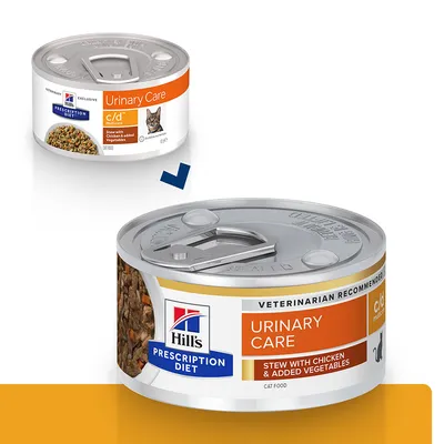 Hill's Prescription Diet Urinary Care c/d Multicare kissan märkäruoka, Stew with Chicken & Added Vegetables. Uusi ja vanha pakkaus vierekkäin.