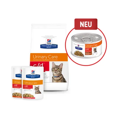Hill's Prescription Diet Urinary Care c/d hrana za mačke, suha i mokra varijanta, vidljive slike mačke i natpis 'NEU' na konzervi.