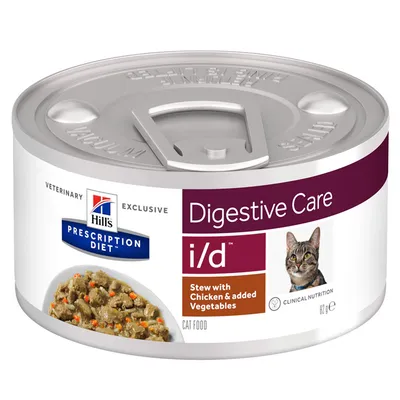 Hill's Prescription Diet Digestive Care i/d, Stew with Chicken & added Vegetables, kissan märkäruoka 82 g. Kuvassa myös kissan kuva ja annosruoka.