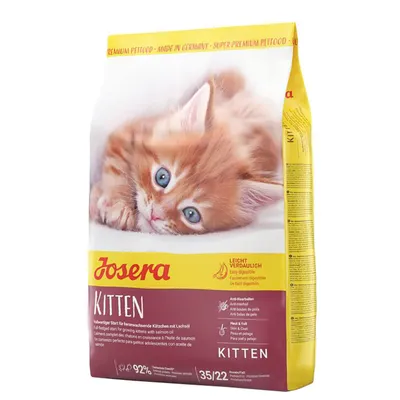 Josera Kitten suché krmivo s lososovým olejem, snadno stravitelné, proti smotkům chlupů, pro kůži a srst. Premium Petfood, vyrobeno v Německu. Analýza: protein 35 %, tuk 22 %.