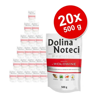 Dolina Noteci Premium w Wołowinę, 20 x 500 g Beutel. Abgebildet sind Zutaten: Reis, Erbsen, Karotten, Rinderfleisch. Produktabbildung mit Mengenhinweis.