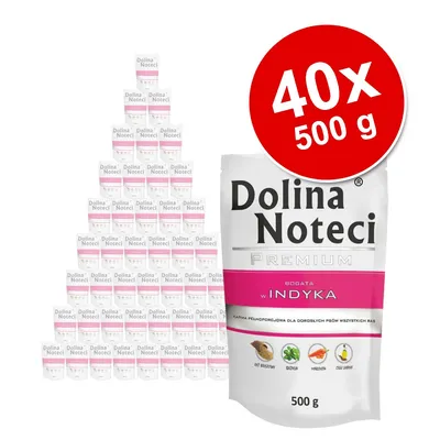 Dolina Noteci Premium INDYKA, упаковка 40×500 г. Видны пачки и крупный пакет с надписями: индейка, 500 г, для взрослых собак всех пород.